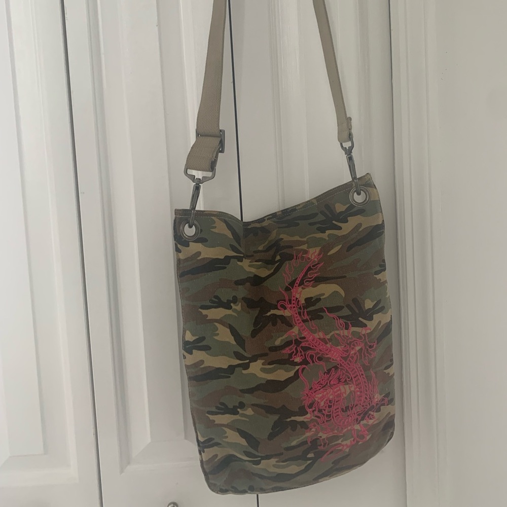 Camouflage cross body denim like material